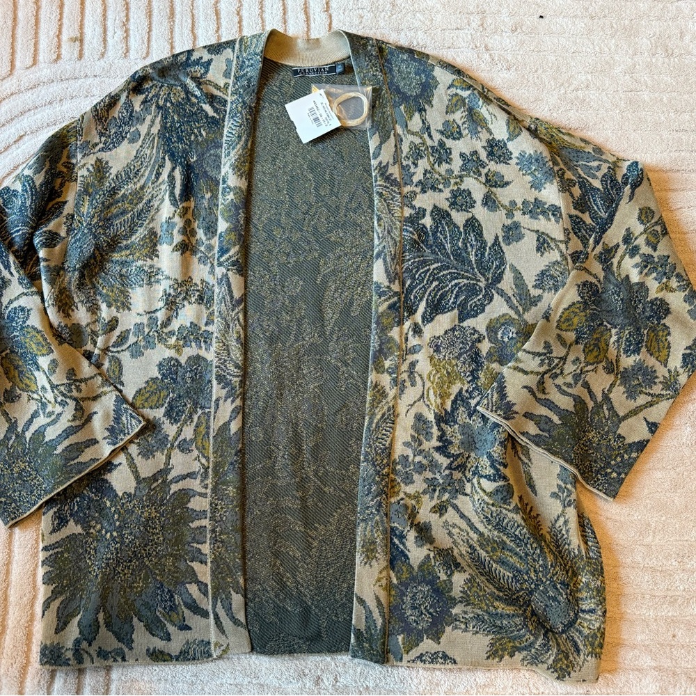 Peruvian Connection Floral Cardigan in Blue and Tan